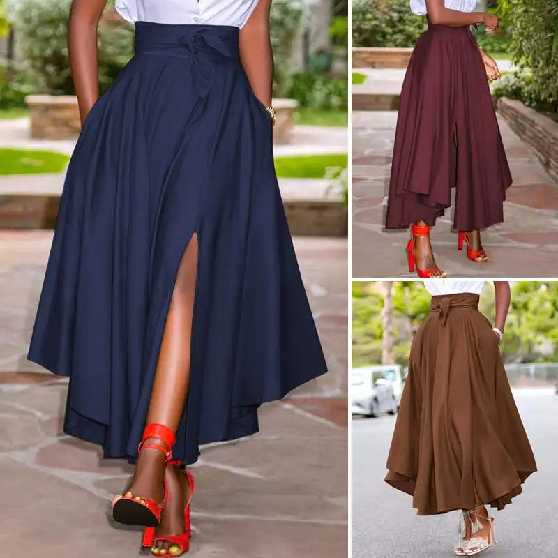 Irregular Holiday Zipper High Waist A Line Womens Summer Long Skirts Vintage Beach Solid Skirts