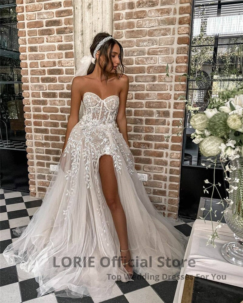 Beach Wedding Dresses For Bride Elegant Lace Boho Wedding Gowns Strapless Sleeveless High Split Princess Dresses The Clothing Company Sydney