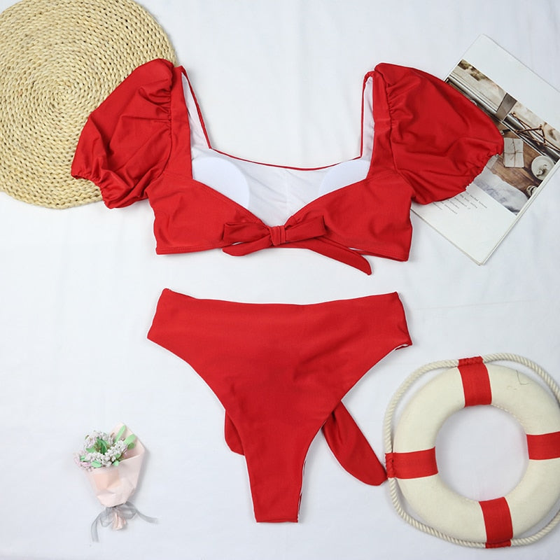 2 Piece Women Swimsuit Solid Colour Short Puff Sleeve Summer High Waist Cut Backless Bathing Suit Beachwear Bikini Set The Clothing Company Sydney