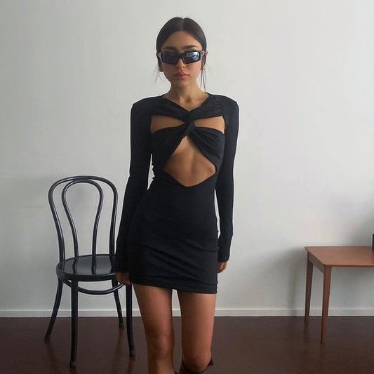Cut Out Black Mini Dresses Club Party Outfits for Women Elegant Long Sleeve Solid Bodycon Dress The Clothing Company Sydney
