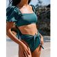 2 Piece Women Swimsuit Solid Colour Short Puff Sleeve Summer High Waist Cut Backless Bathing Suit Beachwear Bikini Set The Clothing Company Sydney