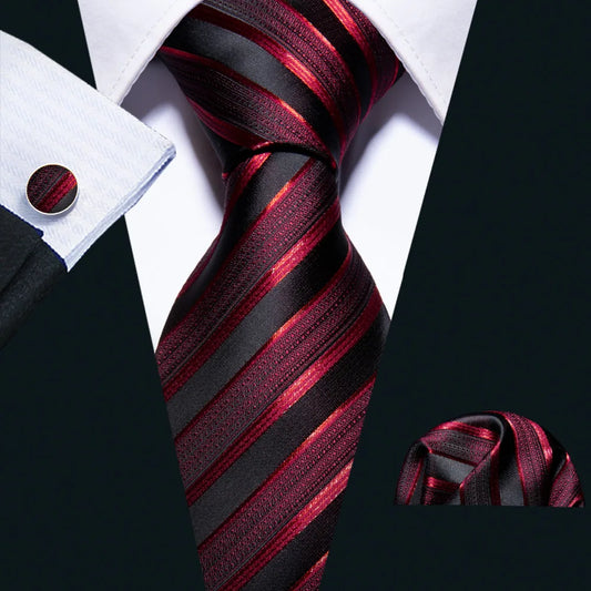 Men's Business Red Striped Silk Tie Hanky Cufflinks Wedding Party Casual Necktie Set