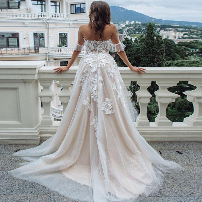 LORIE Champagne Boho Wedding Dress 2020 Lace Appliques Tulle Backless Beach Wedding Gowns Off Shoulder Princess Bridal Dress The Clothing Company Sydney