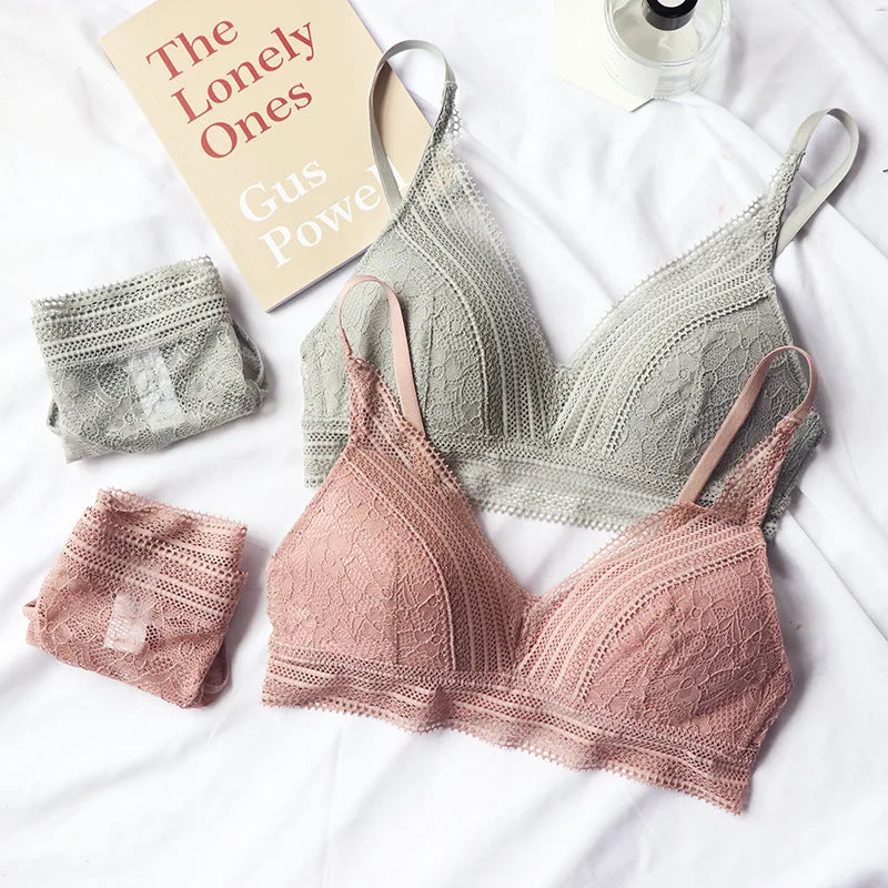 2 Piece Underwear Wire-Free Ultra-thin Bralette Lace Triangle Cup Push Up Cotton Bra and Panties Lingerie Set The Clothing Company Sydney