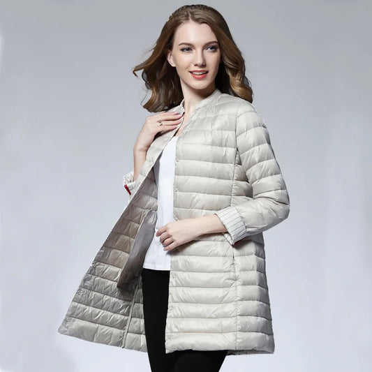 Women's Spring Padded Warm Coat Ultra Light Duck Down Jacket Long Overcoat Slim Solid Jackets Winter Coat Portable Parkas
