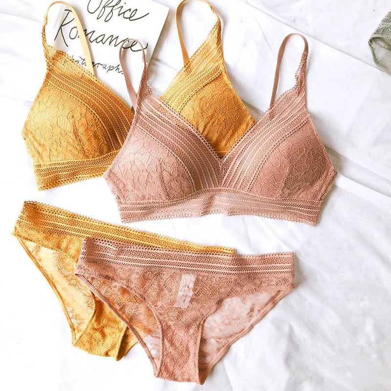 2 Piece Underwear Wire-Free Ultra-thin Bralette Lace Triangle Cup Push Up Cotton Bra and Panties Lingerie Set The Clothing Company Sydney