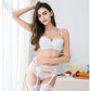 4 Piece Lace Push Up Underwear Set Half Cup Bra+Panties+Garter+Stockings