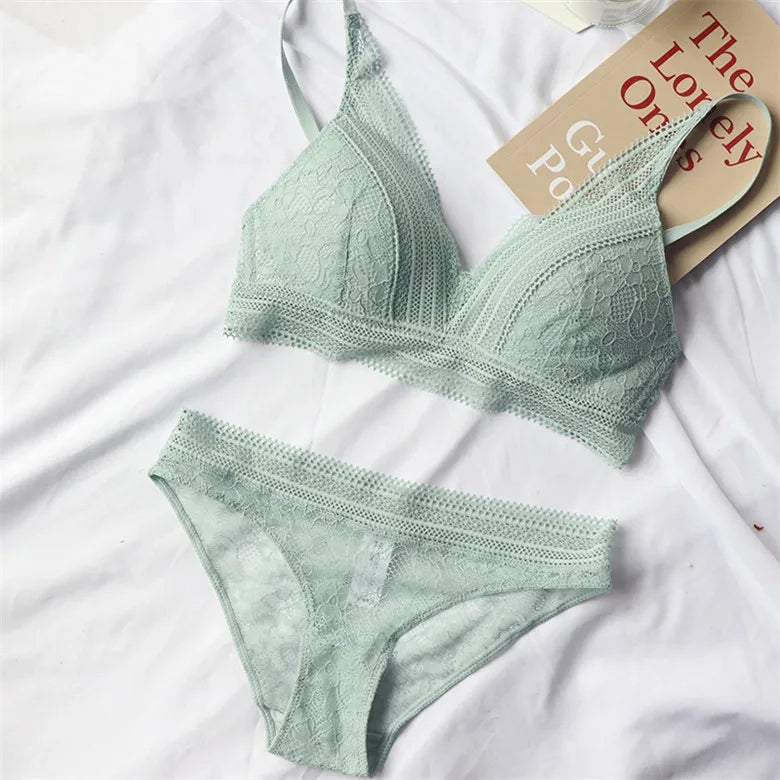 2 Piece Underwear Wire-Free Ultra-thin Bralette Lace Triangle Cup Push Up Cotton Bra and Panties Lingerie Set The Clothing Company Sydney