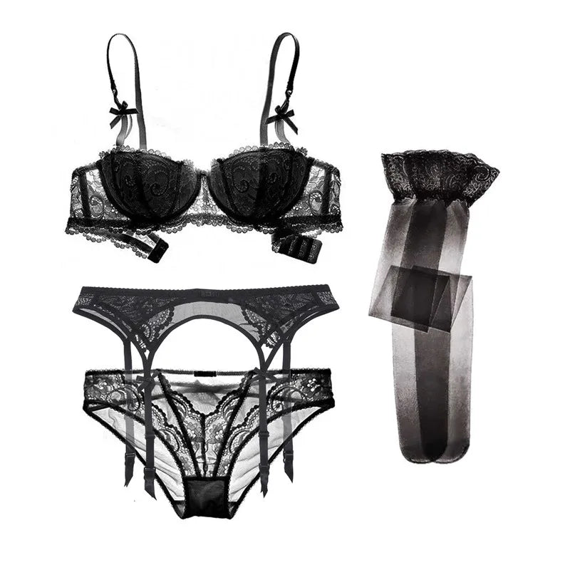 4 Piece Lace Push Up Underwear Set Half Cup Bra+Panties+Garter+Stockings