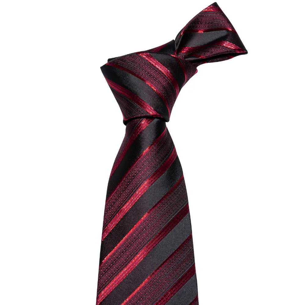 Men's Business Red Striped Silk Tie Hanky Cufflinks Wedding Party Casual Necktie Set