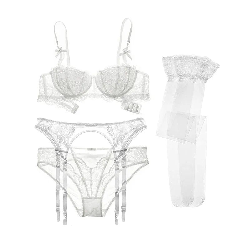 4 Piece Lace Push Up Underwear Set Half Cup Bra+Panties+Garter+Stockings