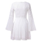 Hollow Out White Women's Mini Chiffon Semi-Sheer Plunge V-Neck Long Sleeve Crochet Lace Dress