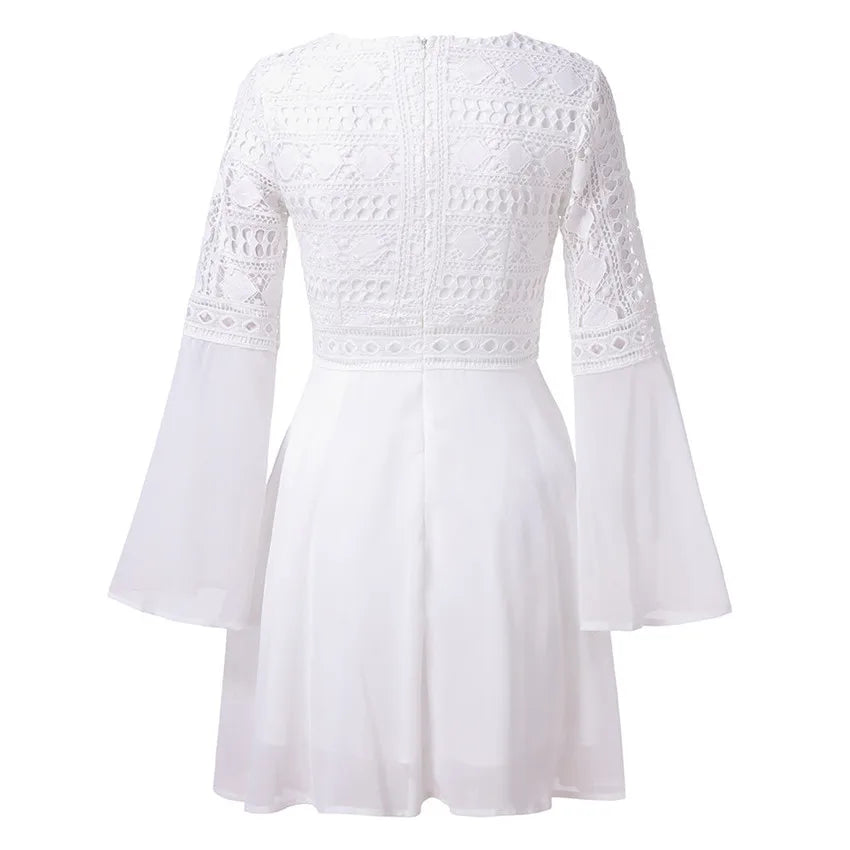 Hollow Out White Women's Mini Chiffon Semi-Sheer Plunge V-Neck Long Sleeve Crochet Lace Dress