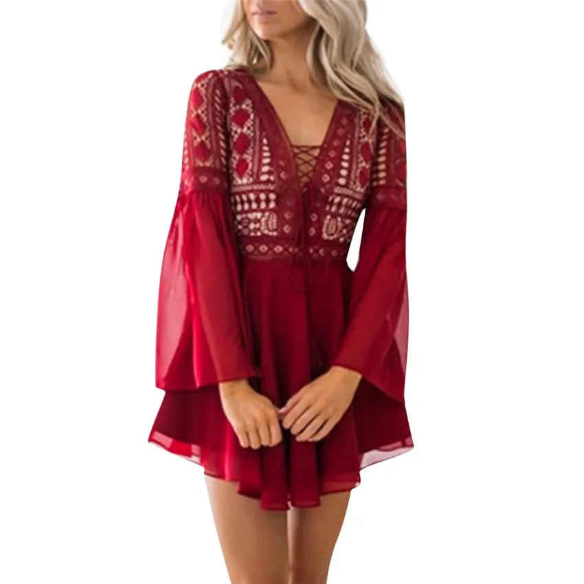 Hollow Out White Women's Mini Chiffon Semi-Sheer Plunge V-Neck Long Sleeve Crochet Lace Dress