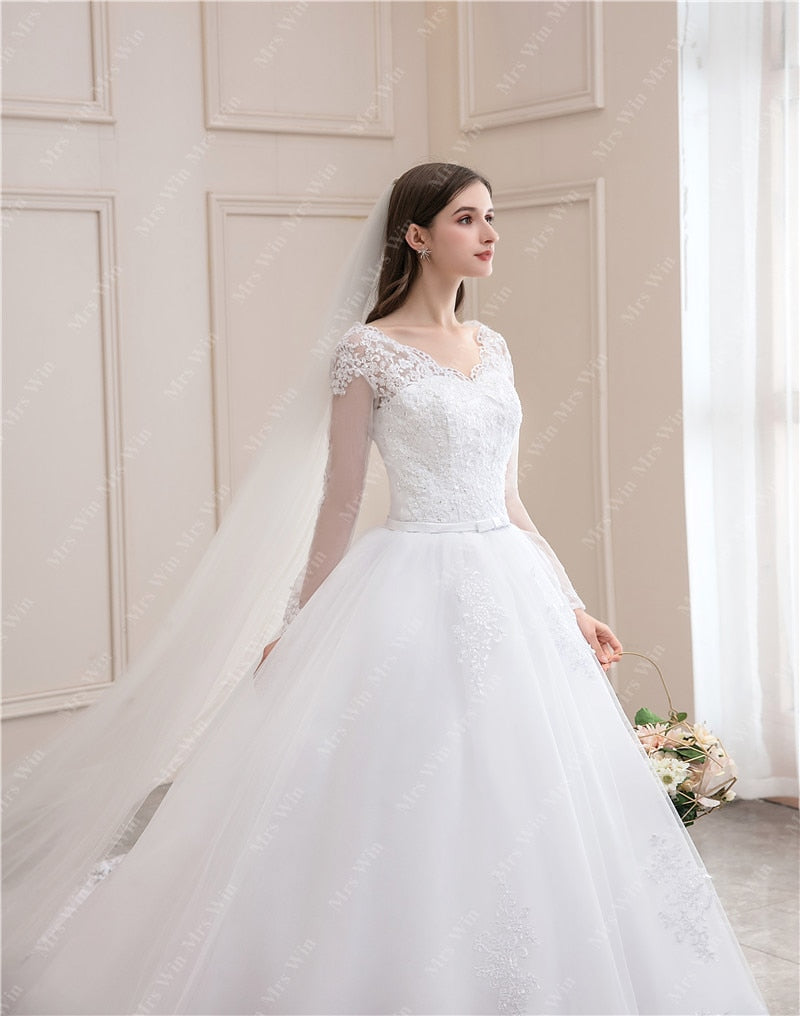 Luxury Full Sleeve V-neck Bride Dress With Train Ball Gown Princess Classic Wedding Gowns Wedding Dress The Clothing Company Sydney