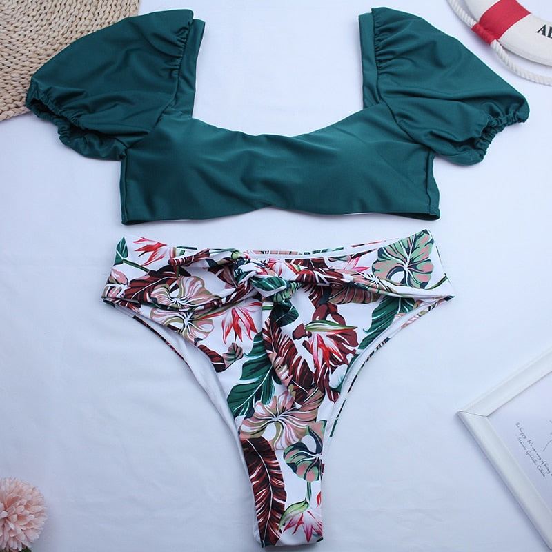 2 Piece Women Swimsuit Solid Colour Short Puff Sleeve Summer High Waist Cut Backless Bathing Suit Beachwear Bikini Set The Clothing Company Sydney