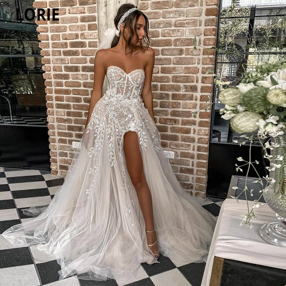 Beach Wedding Dresses For Bride Elegant Lace Boho Wedding Gowns Strapless Sleeveless High Split Princess Dresses The Clothing Company Sydney