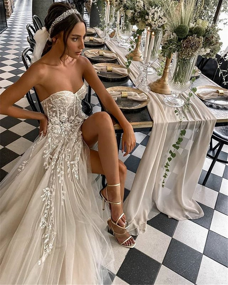 Beach Wedding Dresses For Bride Elegant Lace Boho Wedding Gowns Strapless Sleeveless High Split Princess Dresses The Clothing Company Sydney