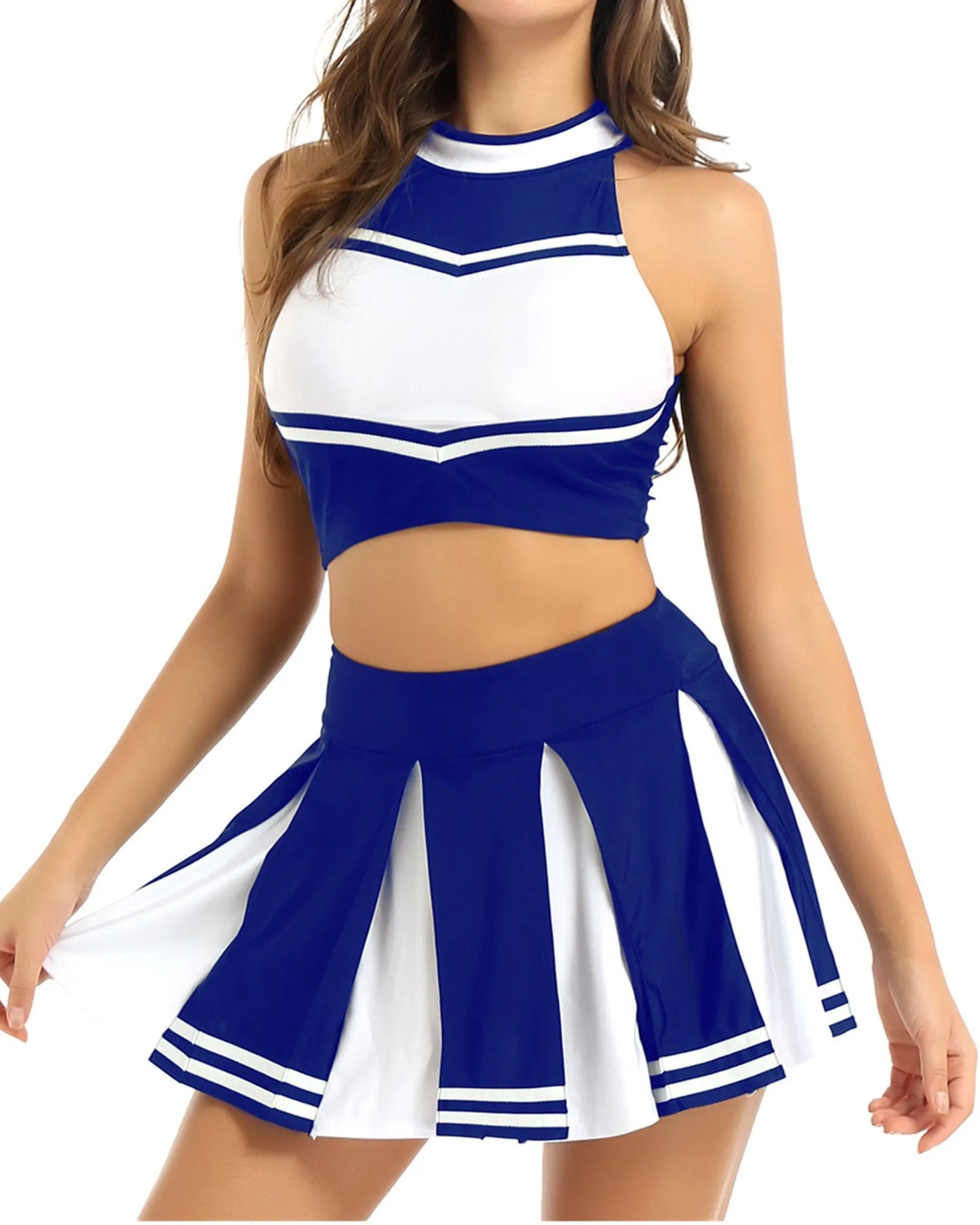 Women's Cheerleading Costume Uniform Carnival Cosplay Outfit Stand Collar Sleeveless Crop Top with Mini Pleated Skirt