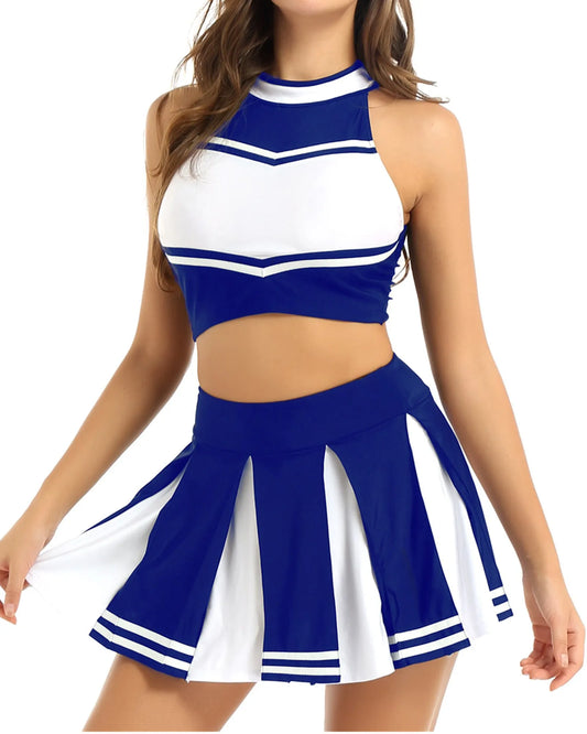 Women's Cheerleading Costume Uniform Carnival Cosplay Outfit Stand Collar Sleeveless Crop Top with Mini Pleated Skirt