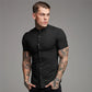 Summer Short Sleeve Shirt Solid Fitness Mens Stand Collar Super Slim Fit Business Dress Shirt Button Gym Tops