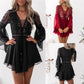 Hollow Out White Women's Mini Chiffon Semi-Sheer Plunge V-Neck Long Sleeve Crochet Lace Dress