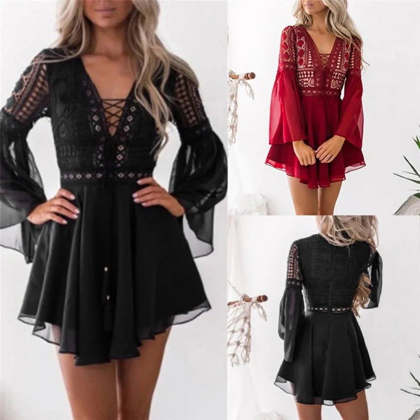 Hollow Out White Women's Mini Chiffon Semi-Sheer Plunge V-Neck Long Sleeve Crochet Lace Dress