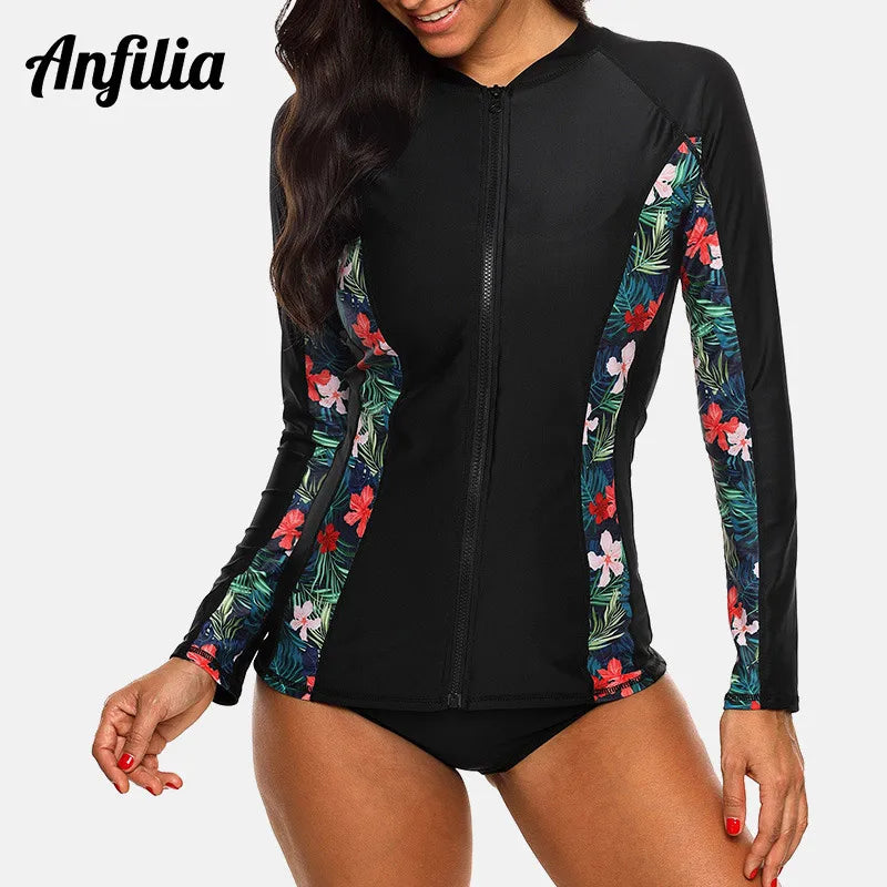 Women Long Sleeve Zipper Rashguard Top Floral Print Rush guard Swimwear Surfing UPF50+ Swimwsuit The Clothing Company Sydney