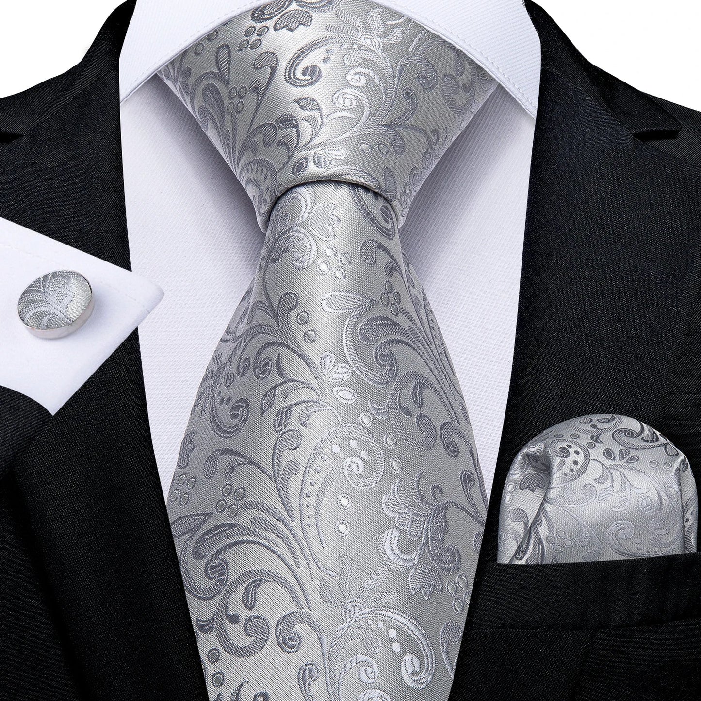 Gray Paisley Silk Tie Set – Men’s Wedding Tie, Pocket Square & Cufflinks The Clothing Company Sydney