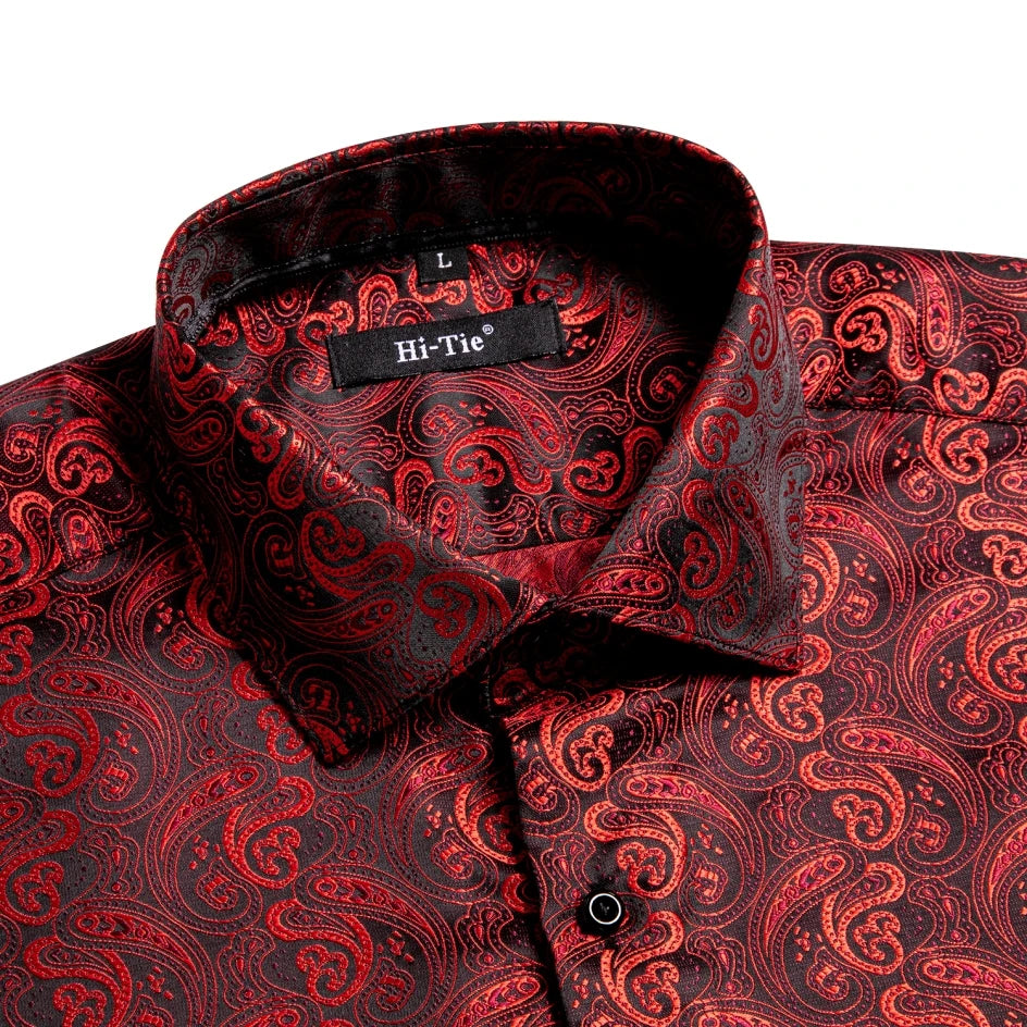 Hi-Tie Long Sleeve Silk Shirts for Men Suit Dress Outwear Male Slim Wedding Floral Paisley Gold Blue Red The Clothing Company Sydney