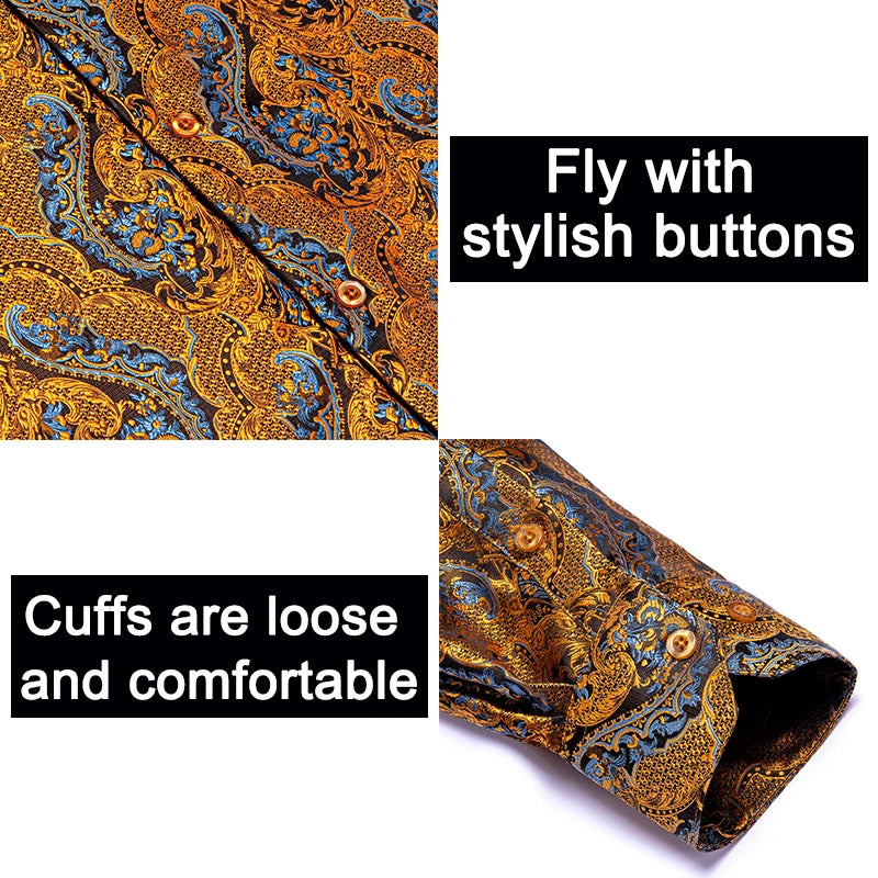 Men's Shirts Paisley Floral Silk Gold Long Sleeve Business Party Wedding Dress Shirts The Clothing Company Sydney