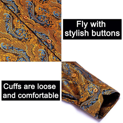 Men's Shirts Paisley Floral Silk Gold Long Sleeve Business Party Wedding Dress Shirts The Clothing Company Sydney