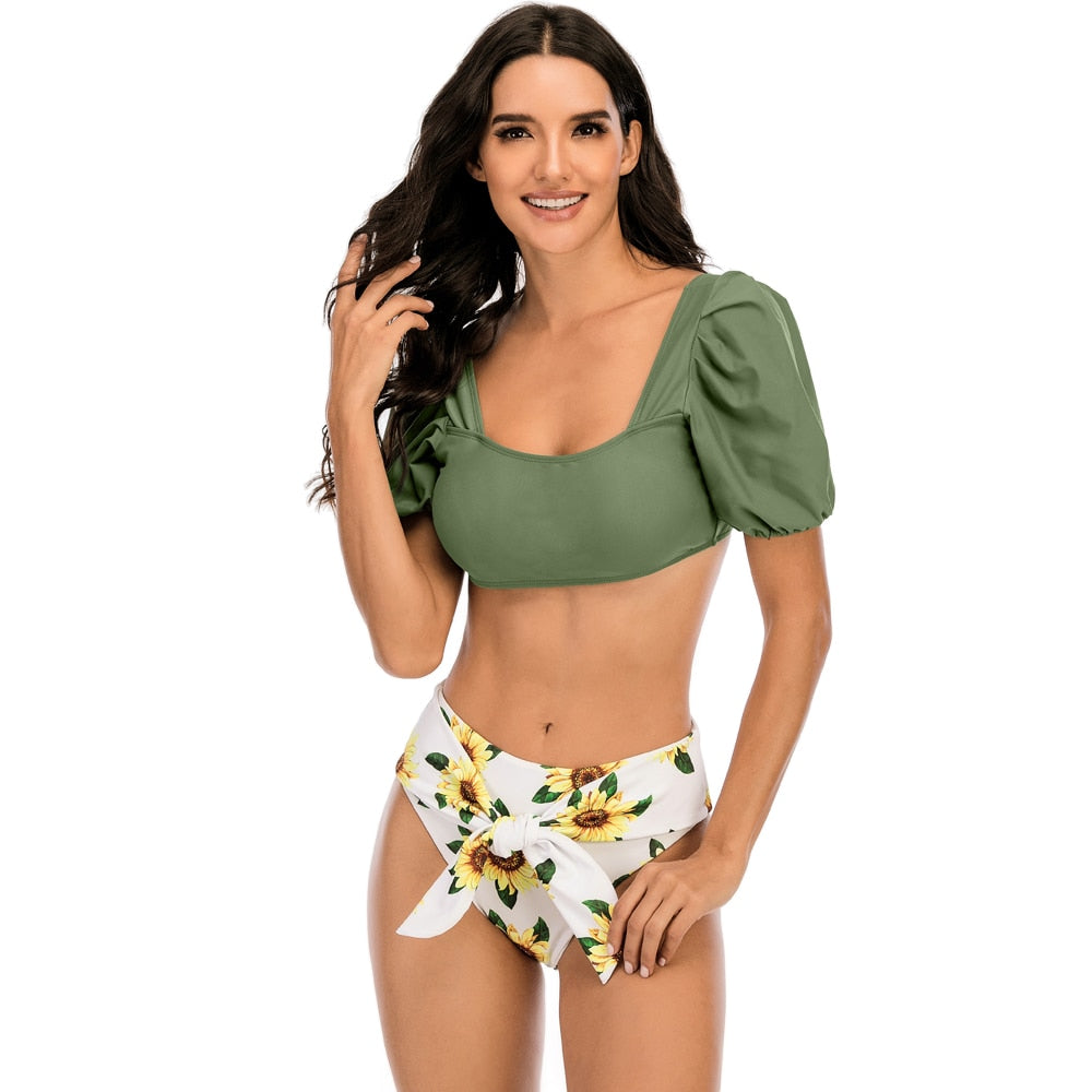 2 Piece Women Swimsuit Solid Colour Short Puff Sleeve Summer High Waist Cut Backless Bathing Suit Beachwear Bikini Set The Clothing Company Sydney