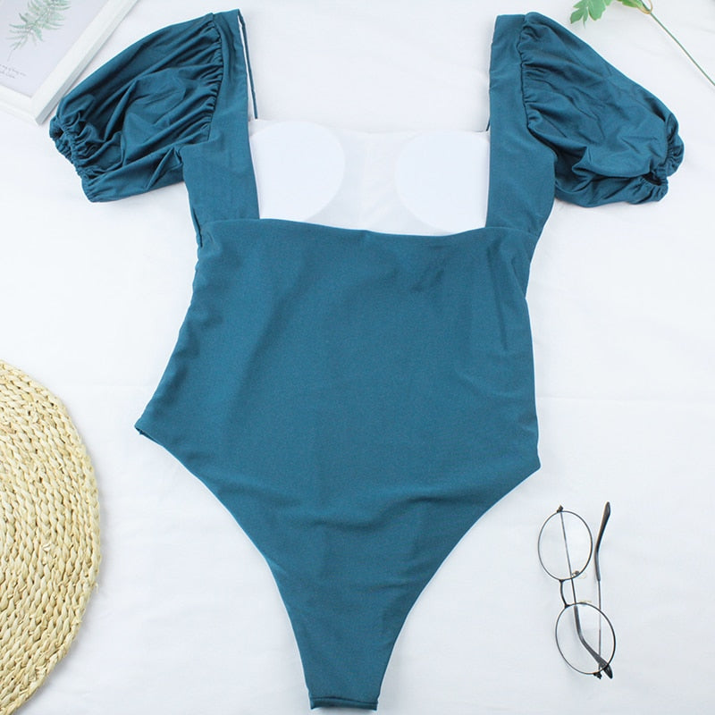 2 Piece Women Swimsuit Solid Colour Short Puff Sleeve Summer High Waist Cut Backless Bathing Suit Beachwear Bikini Set The Clothing Company Sydney