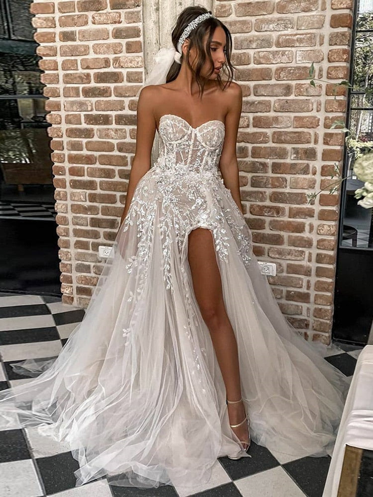 Beach Wedding Dresses For Bride Elegant Lace Boho Wedding Gowns Strapless Sleeveless High Split Princess Dresses The Clothing Company Sydney