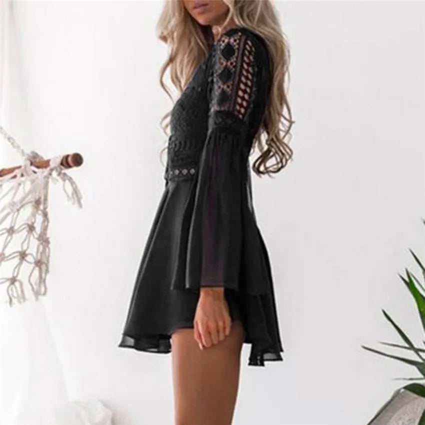 Hollow Out White Women's Mini Chiffon Semi-Sheer Plunge V-Neck Long Sleeve Crochet Lace Dress