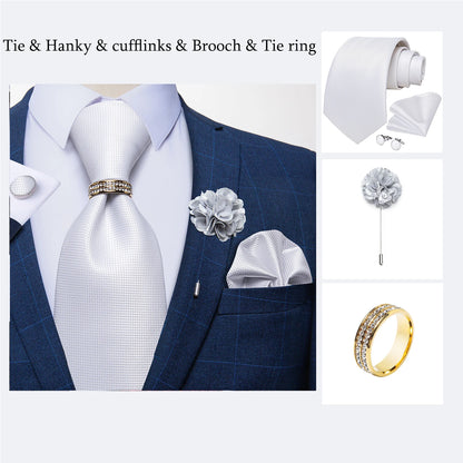8cm Men Silk Tie White Solid Necktie Formal Wedding Party Ties Cufflinks Hanky Flower Brooch Gift Set - The Clothing Company Sydney