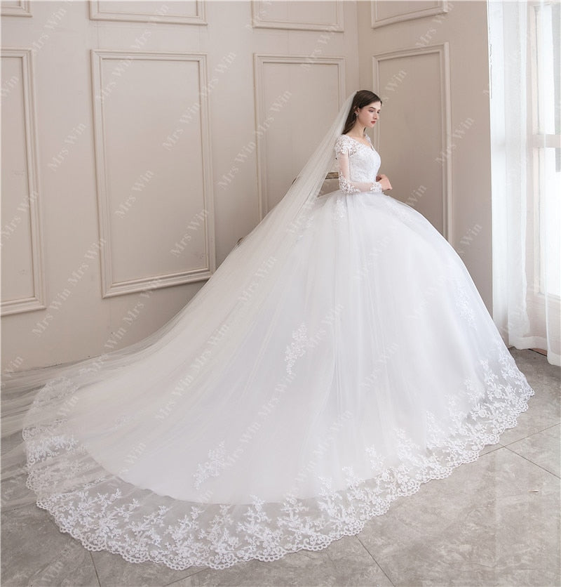 Luxury Full Sleeve V-neck Bride Dress With Train Ball Gown Princess Classic Wedding Gowns Wedding Dress The Clothing Company Sydney