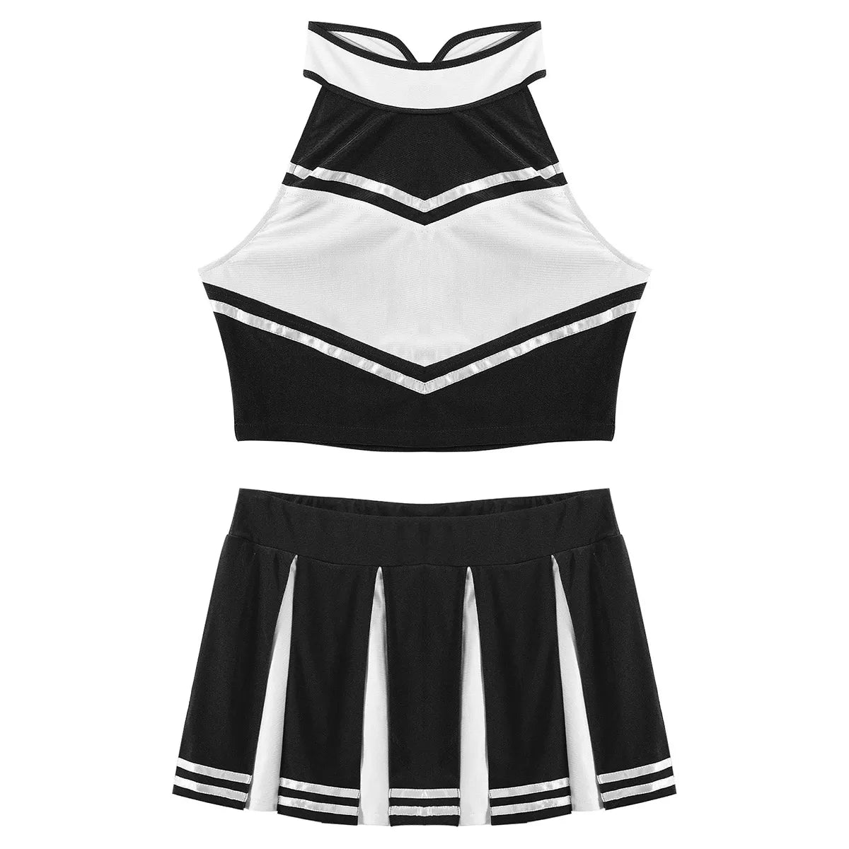 Women's Cheerleading Costume Uniform Carnival Cosplay Outfit Stand Collar Sleeveless Crop Top with Mini Pleated Skirt