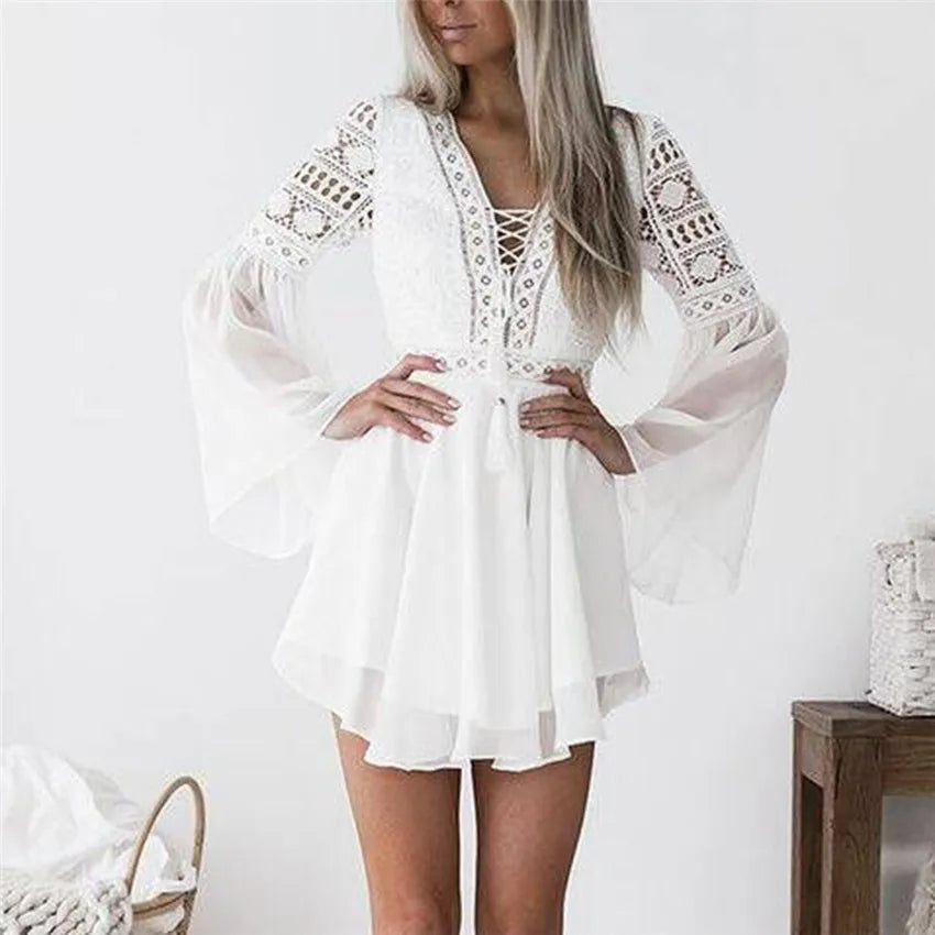 Hollow Out White Women's Mini Chiffon Semi-Sheer Plunge V-Neck Long Sleeve Crochet Lace Dress