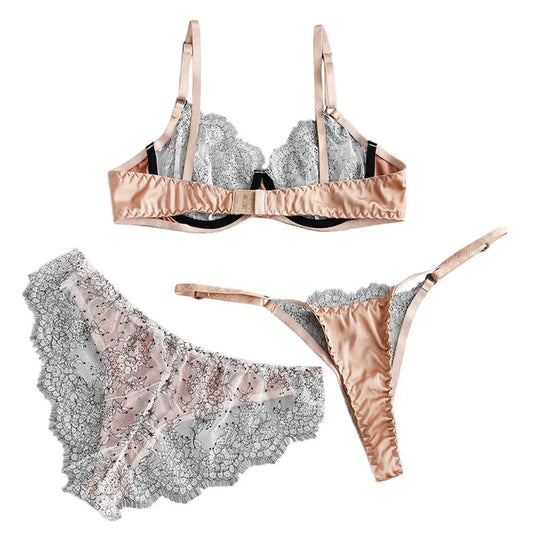 Women's Eyelashes Lace Stitching Underwear Underwire Bra and Panties Three piece Thin Mesh See-Through Lingerie Set The Clothing Company Sydney