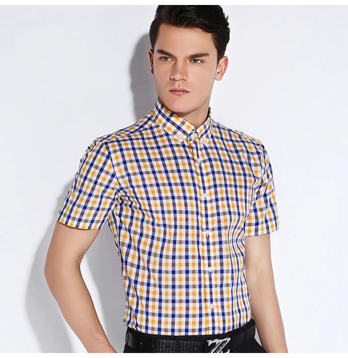 Plaid Checked Cotton Men Shirts Pocket-less Design Short Sleeve Summer Casual Standard-fit Button-down Thin Shirt The Clothing Company Sydney