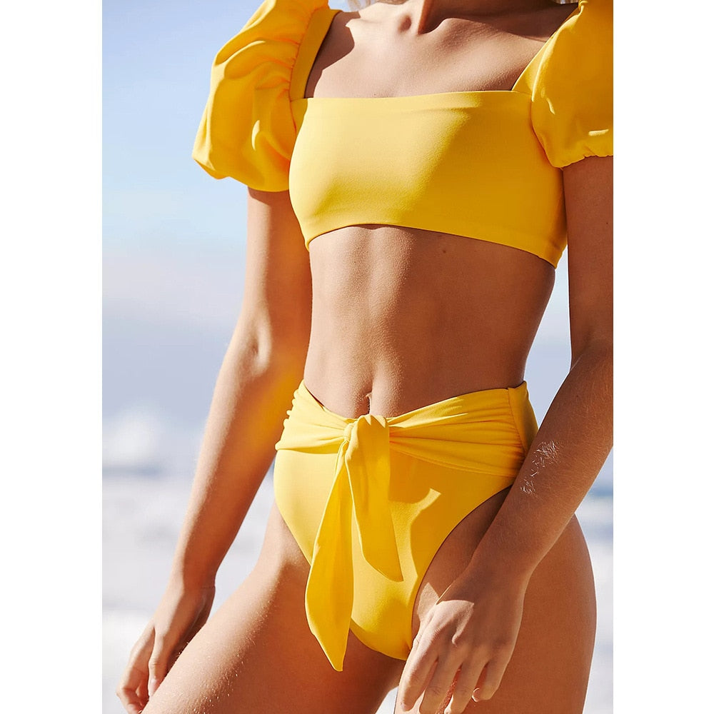 2 Piece Women Swimsuit Solid Colour Short Puff Sleeve Summer High Waist Cut Backless Bathing Suit Beachwear Bikini Set The Clothing Company Sydney