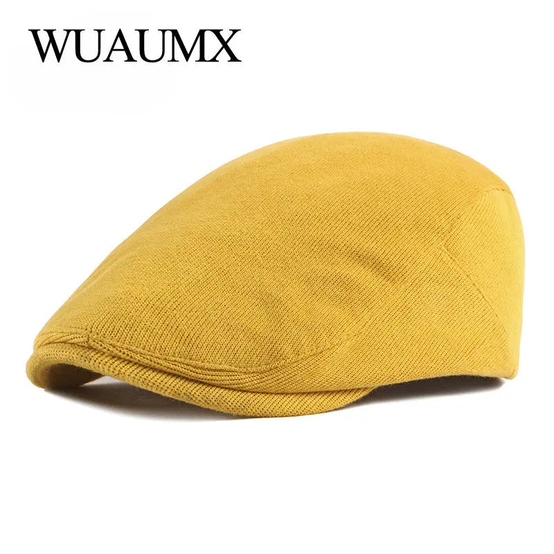 Spring Autumn Berets Hat Men's knitting Visor Cap Casual Fashion Women Beret Solid Yellow Blue Peaked Flat Cap Duckbill Hat