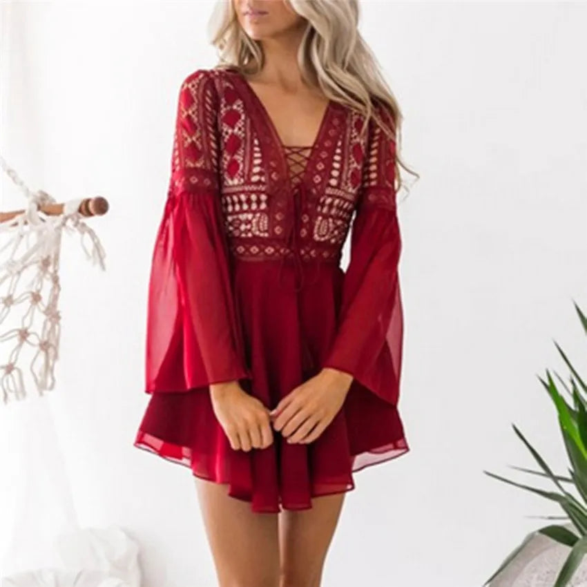 Hollow Out White Women's Mini Chiffon Semi-Sheer Plunge V-Neck Long Sleeve Crochet Lace Dress