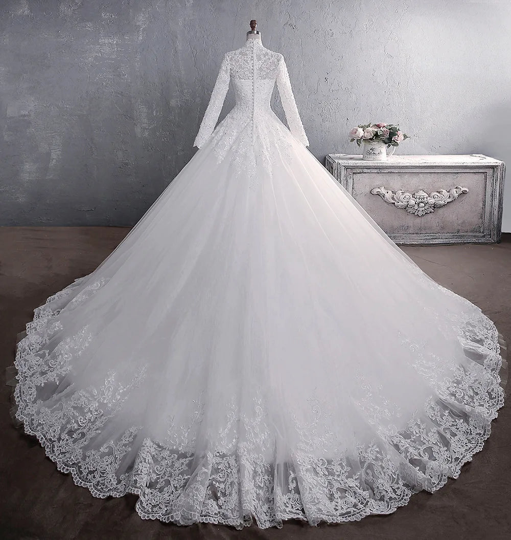 Elegant High Neck With Train Princess Bride Dress Luxury Lace Embroidery Wedding Gown Wedding Dress