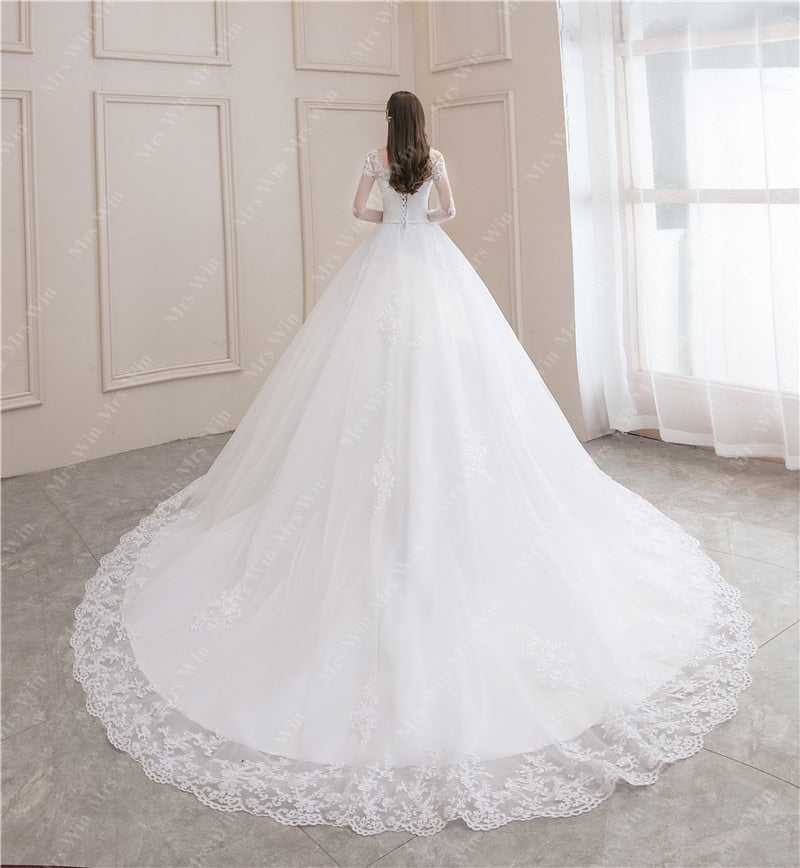 Luxury Full Sleeve V-neck Bride Dress With Train Ball Gown Princess Classic Wedding Gowns Wedding Dress The Clothing Company Sydney