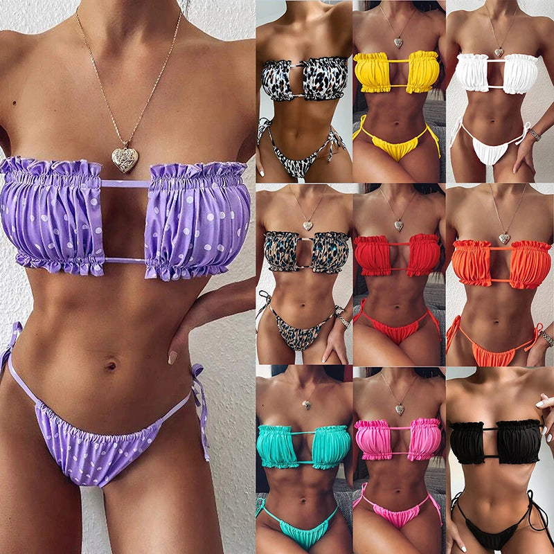 2 Piece Pleated Bandeau Swimsuit Low Waist Swimwear Beach Wear Mini Thong Bikini Set Bathing Suit