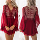 Hollow Out White Women's Mini Chiffon Semi-Sheer Plunge V-Neck Long Sleeve Crochet Lace Dress