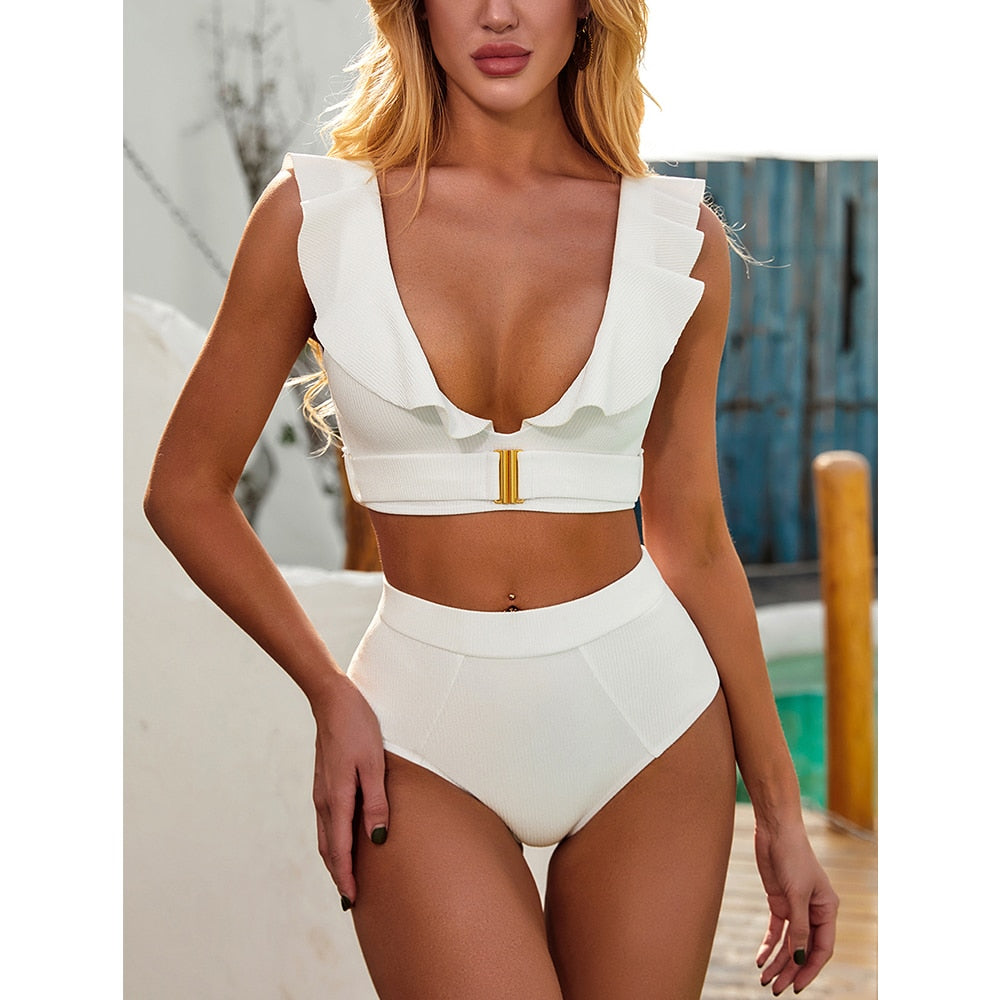 2 Piece Women Swimsuit Solid Colour Short Puff Sleeve Summer High Waist Cut Backless Bathing Suit Beachwear Bikini Set The Clothing Company Sydney